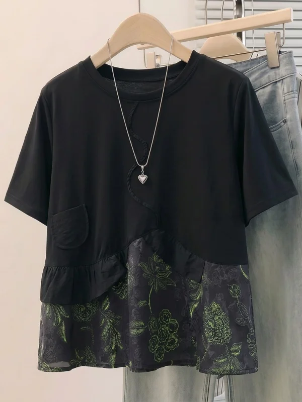 Floral Patchwork Short Sleeve T-Shirt Women's plus Size Summer New Style Korean Style Commute Style Casual Loose Fit Top
Floral Patchwork Short Sleeve T-Shirt Women's plus Size Summer New Style Korean Style Commute Style Casual Loose Fit Top