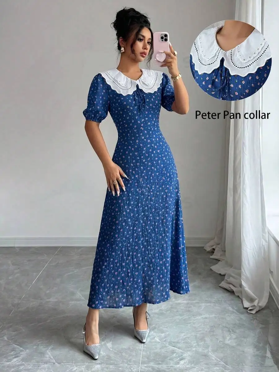 Blue Floral Chiffon Dress With Peter Pan Collar
Blue Floral Chiffon Dress With Peter Pan Collar