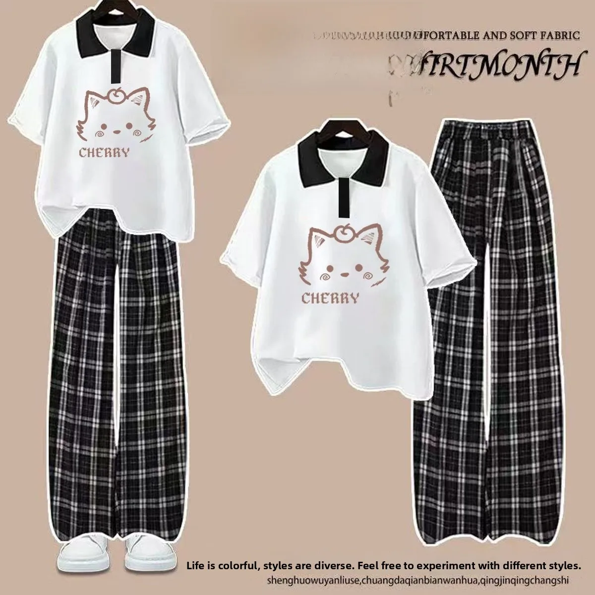 Fashionable Plaid Wide Leg Pants Neck Short Sleeve T-Shirt Set for Junior High School Students Summer College Style
Fashionable Plaid Wide Leg Pants Neck Short Sleeve T-Shirt Set for Junior High School Students Summer College Style