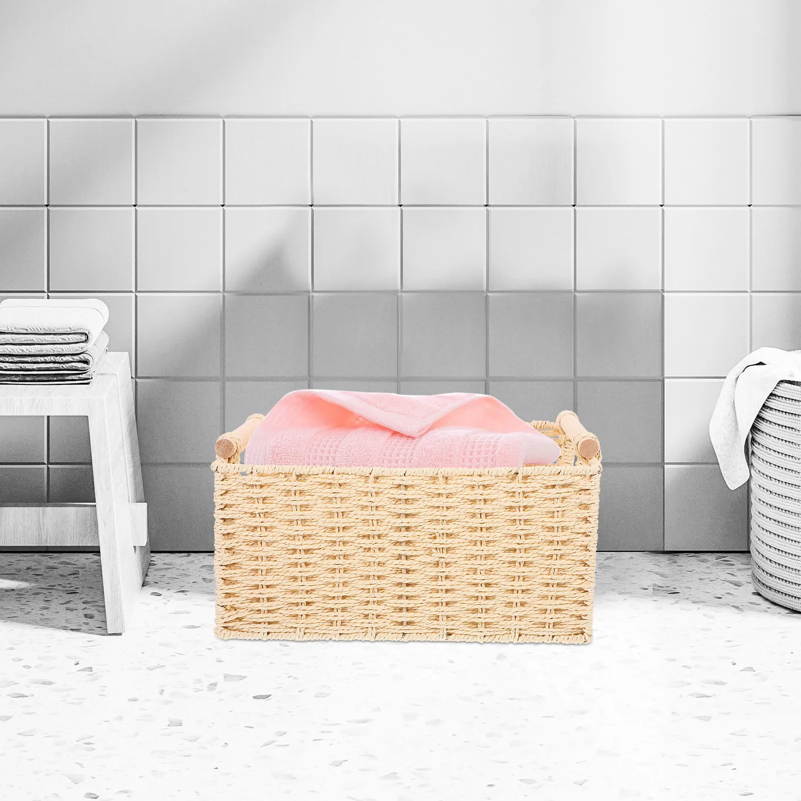 Handmade Woven Storage Basket with Handle Natural Wood Iron Paper Rope Liner Multi-Functional Desktop Bathroom Kitchen Office
Handmade Woven Storage Basket with Handle Natural Wood Iron Paper Rope Liner Multi-Functional Desktop Bathroom Kitchen Office