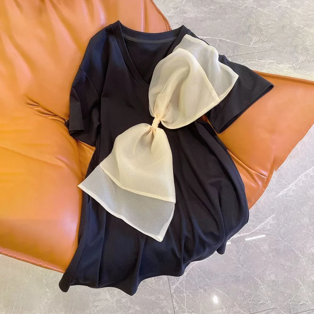Niche design big bow short-sleeved t-shirt plus size 2-150kg loose summer socialite dress birthday dress for women
Niche design big bow short-sleeved t-shirt plus size 2-150kg loose summer socialite dress birthday dress for women
