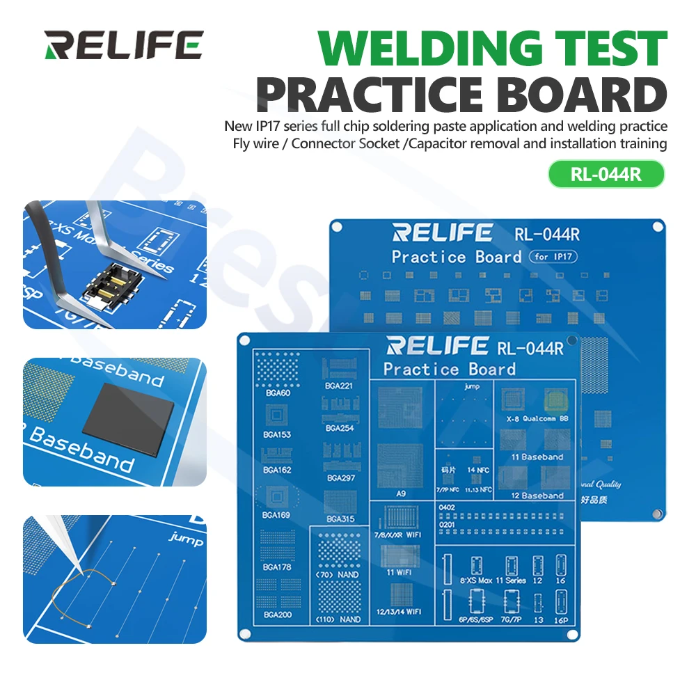 RELIFE RL-044R Welding Practice Board for Mobile Repair Flying Wire/Connector Socket/Capacitor Soldering Test Practice Tool
RELIFE RL-044R Welding Practice Board for Mobile Repair Flying Wire/Connector Socket/Capacitor Soldering Test Practice Tool