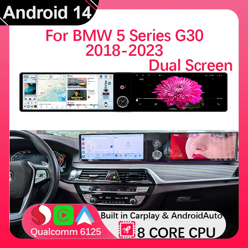 Автомобильный мультимедийный плеер Carplay Android Auto с двойным экраном для BMW 5 серии G30 2018-2023, система Android 14, GPS-навигация
Автомобильный мультимедийный плеер Carplay Android Auto с двойным экраном для BMW 5 серии G30 2018-2023, система Android 14, GPS-навигация