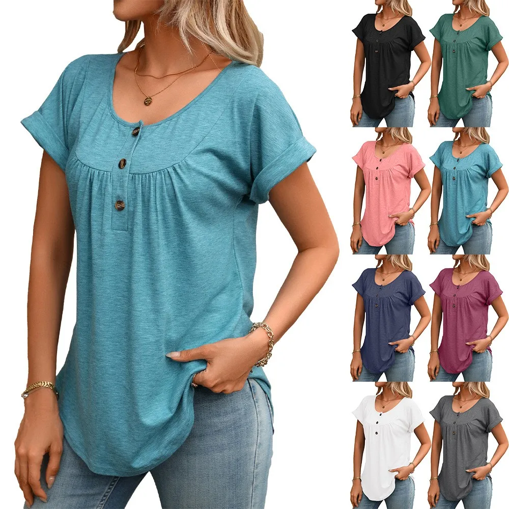 Women Short Sleeve T Shirt Loose Fit Crew Neck Solid Color T Shirts Casual Urban Button Front Tee Rolled Cuff Sleeve Hemmed
Women Short Sleeve T Shirt Loose Fit Crew Neck Solid Color T Shirts Casual Urban Button Front Tee Rolled Cuff Sleeve Hemmed