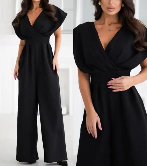 Summer Solid Color Short Sleeved V-Neck Jumpsuit for Women, Elegant Solid Color with Pockets, High Waist Wide Leg Jumpsuit
Summer Solid Color Short Sleeved V-Neck Jumpsuit for Women, Elegant Solid Color with Pockets, High Waist Wide Leg Jumpsuit
