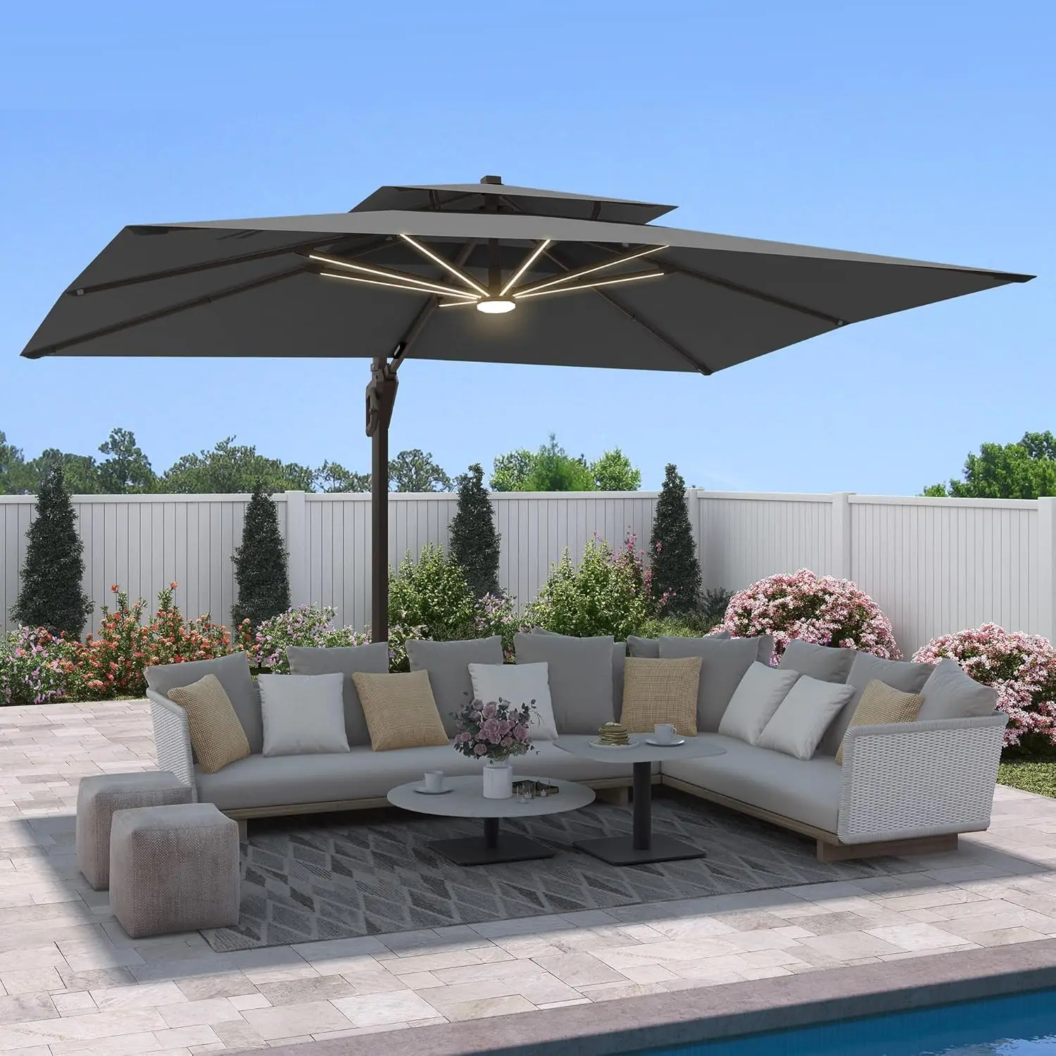 9 X 12 FT Cantilever Outdoor Patio Umbrella with LED Lights Large Heavy Duty 360° Rotation Double Top Offset, Customized
9 X 12 FT Cantilever Outdoor Patio Umbrella with LED Lights Large Heavy Duty 360° Rotation Double Top Offset, Customized