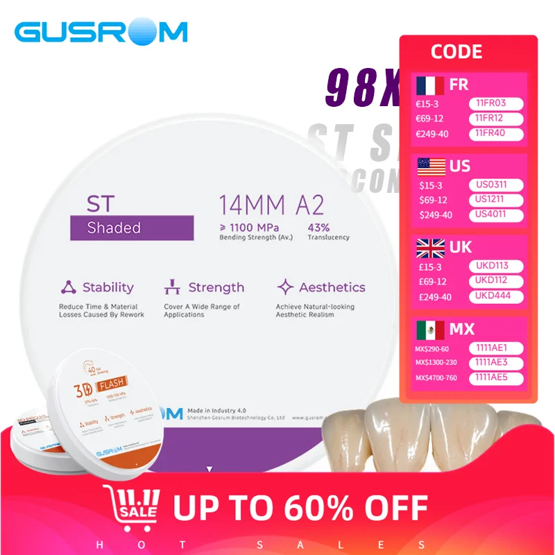 GUSROM ST Shaded Zirconia Block 98mm 16VITA Colors Dental Zirconia Disc for CAD/CAM Crown Bridge Dental Lab Material Restoration
GUSROM ST Shaded Zirconia Block 98mm 16VITA Colors Dental Zirconia Disc for CAD/CAM Crown Bridge Dental Lab Material Restoration