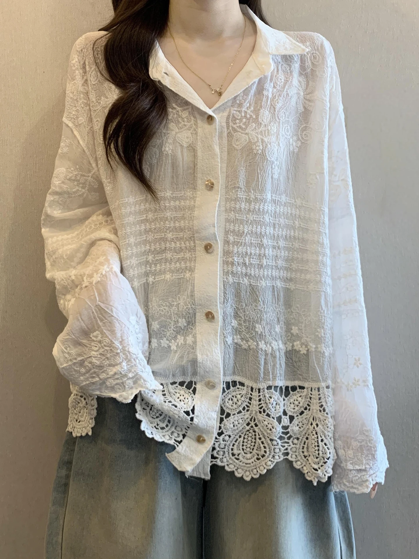 Ele White Lace Embroidery Cotton Linen Women's irt Spring Season plus Size Comfortable Breathable Long Sve Ne
Ele White Lace Embroidery Cotton Linen Women's irt Spring Season plus Size Comfortable Breathable Long Sve Ne