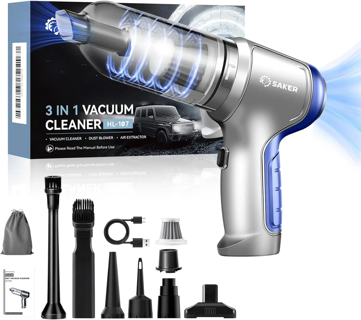 Автомобильный пылесос Портативный Cordl15000PA Ручной пылесос 3 в 1 с бесщеточным двигателем для уборки автомобиля, офиса и дома Синий HL107B
Автомобильный пылесос Портативный Cordl15000PA Ручной пылесос 3 в 1 с бесщеточным двигателем для уборки автомобиля, офиса и дома Синий HL107B