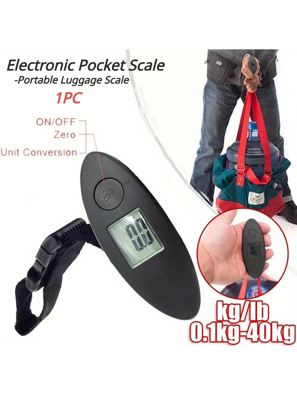 1pc Portable Electronic Luggage Scale, 0.1kg-40kg Capacity, Can Hang Baggage, Suitable For Travel, With Range Weight Weights
1pc Portable Electronic Luggage Scale, 0.1kg-40kg Capacity, Can Hang Baggage, Suitable For Travel, With Range Weight Weights
