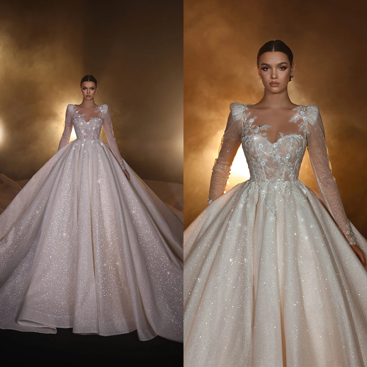 Elegant Ball Gown Wedding Dresses Long Sleeves Sequins Appliques Shiny Bridal Gowns Custom Made Sweep Train Robe De Mariee
Elegant Ball Gown Wedding Dresses Long Sleeves Sequins Appliques Shiny Bridal Gowns Custom Made Sweep Train Robe De Mariee