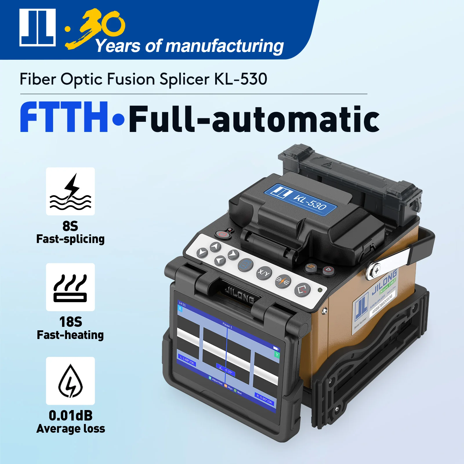 Fiber Fusion Splicer JILONG K530 Core Alignment w/ 6 Motors + 4.3inch Touch Screen + 8S Fast Splicing + 18s Fast Heating
Fiber Fusion Splicer JILONG K530 Core Alignment w/ 6 Motors + 4.3inch Touch Screen + 8S Fast Splicing + 18s Fast Heating