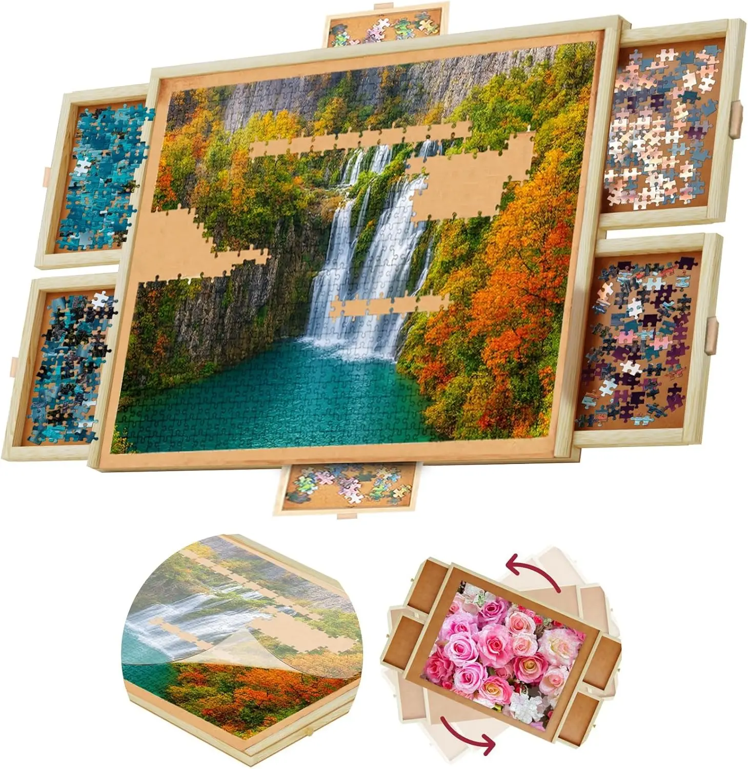 1500-Piece Wooden Jigsaw Puzzle Table with 6 Drawers, Rotating Base & Cover - Portable for Adults and Kids
1500-Piece Wooden Jigsaw Puzzle Table with 6 Drawers, Rotating Base & Cover - Portable for Adults and Kids