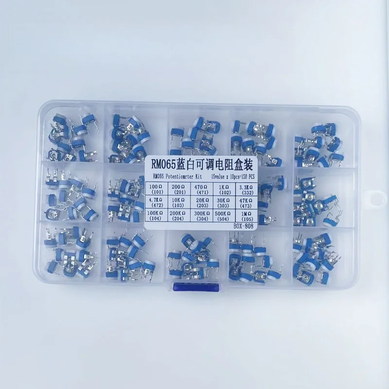 150pcs RM065 Blue White Trimmer Potentiometer Kit 15 Values 100R-2M Horizontal Adjustable Resistor Box
150pcs RM065 Blue White Trimmer Potentiometer Kit 15 Values 100R-2M Horizontal Adjustable Resistor Box