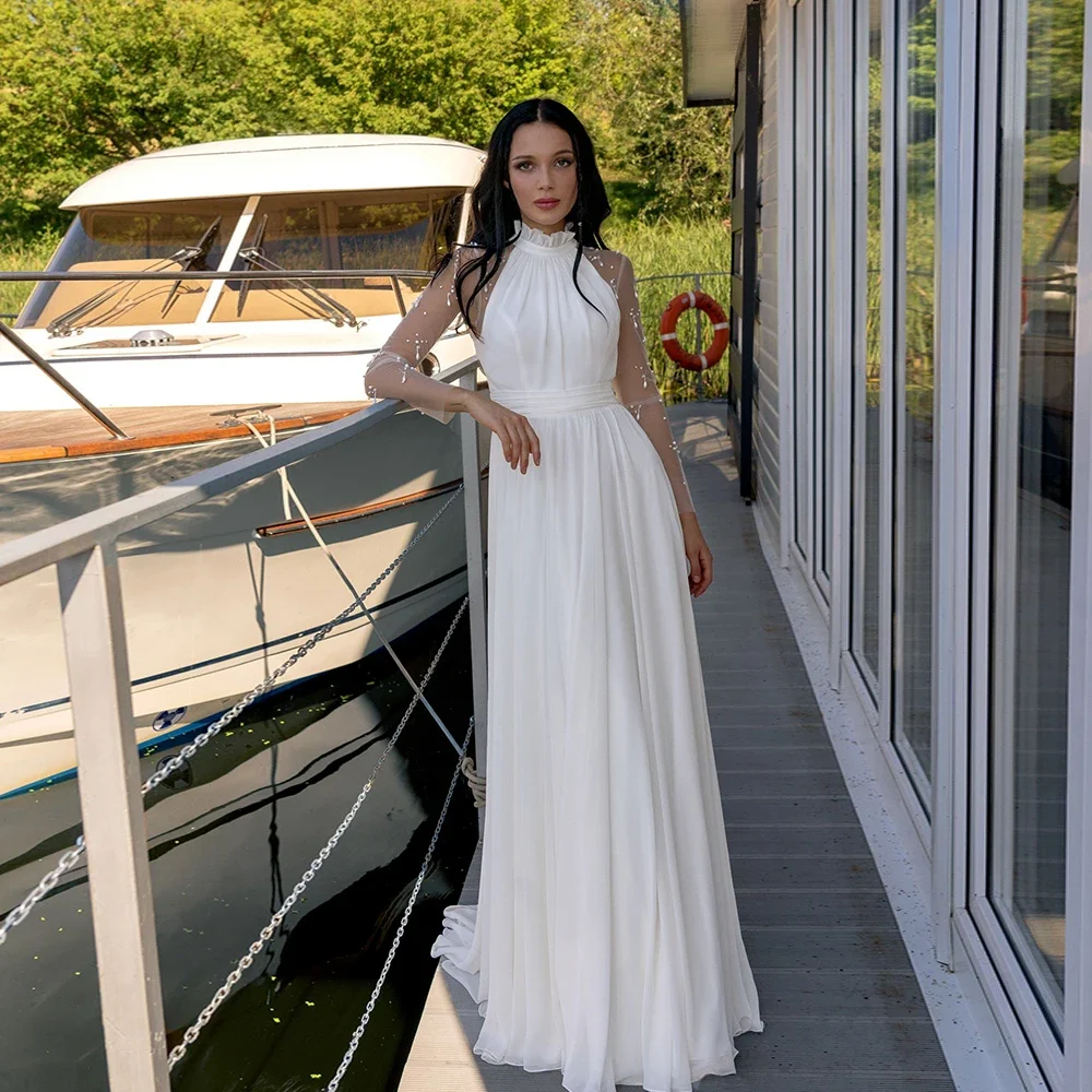 Elegant Chiffon Wedding Dresses For Bride High Neck Long Sleeves Bridal Gowns Pearls Sweep Train A-line Robe De Mariee
Elegant Chiffon Wedding Dresses For Bride High Neck Long Sleeves Bridal Gowns Pearls Sweep Train A-line Robe De Mariee