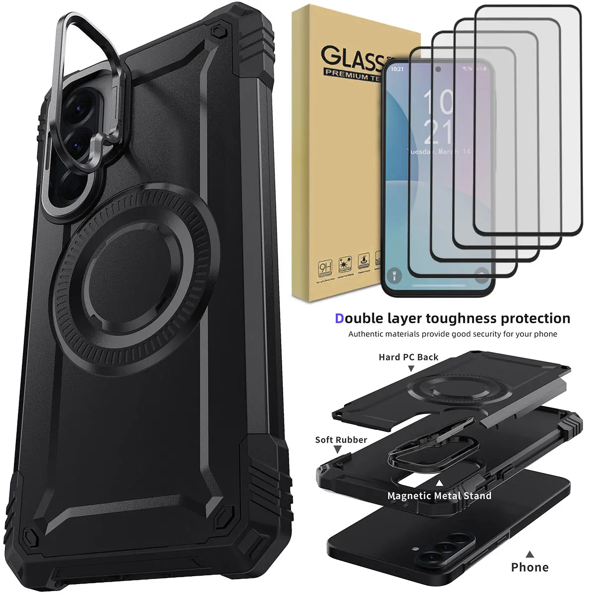 Черный чехол для Samsung Galaxy A06 A16 A26 A36, противоударный чехол с подставкой и 4 шт., защитные пленки из закаленного стекла с полным покрытием
Черный чехол для Samsung Galaxy A06 A16 A26 A36, противоударный чехол с подставкой и 4 шт., защитные пленки из закаленного стекла с полным покрытием