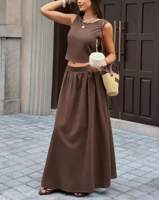 Комплект из двух предметов Весна/Лето 2026: Элегантный, Сексуальный, Однотонный, Для Отдыха и Повседневной Носки, Топ без рукавов с открытой спиной и юбка-полусолнце
Комплект из двух предметов Весна/Лето 2026: Элегантный, Сексуальный, Однотонный, Для Отдыха и Повседневной Носки, Топ без рукавов с открытой спиной и юбка-полусолнце