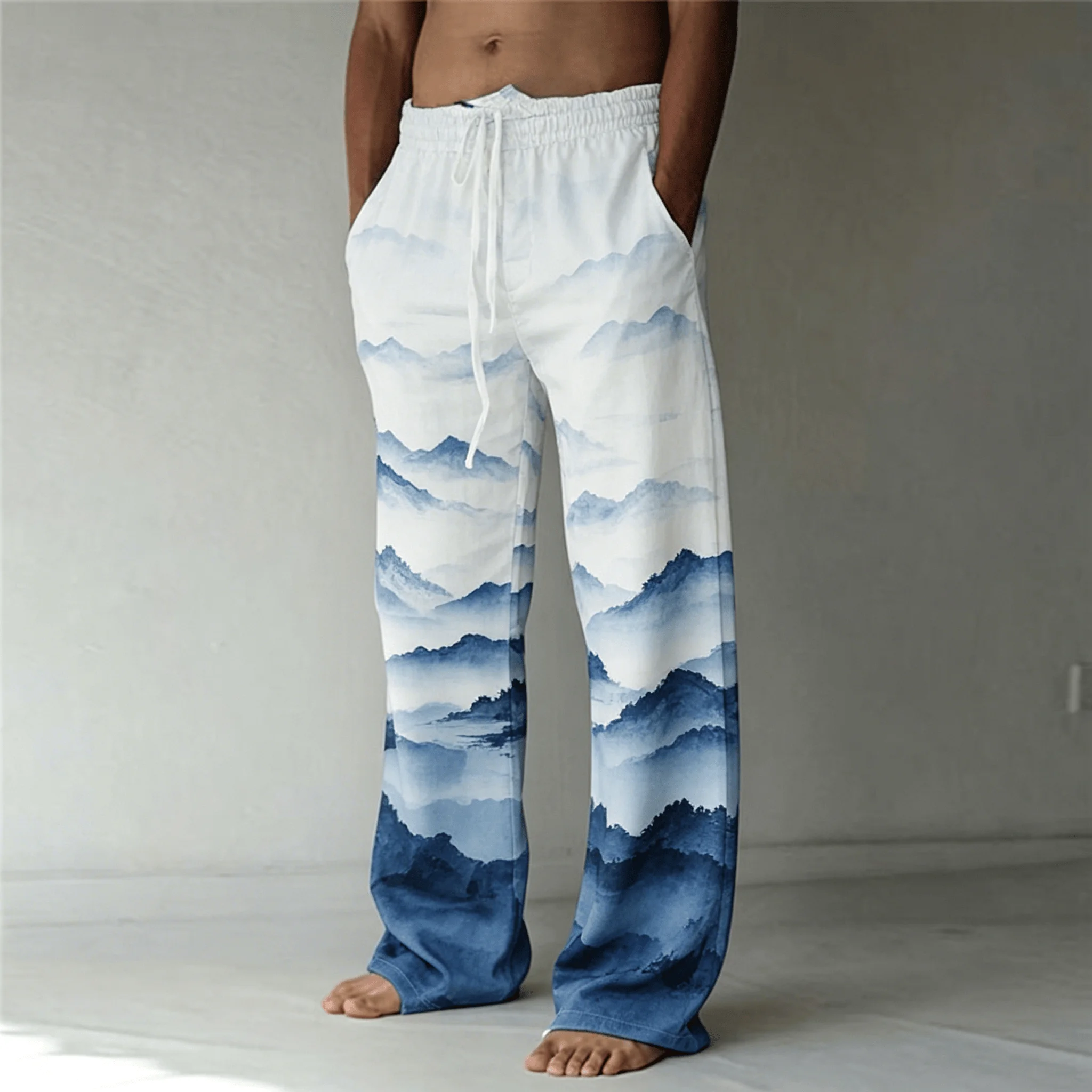 Men's Ink Wash Mountain Landscape Print Drawstring Wide Leg Pants, Vintage Oriental Straight Pants for Spring & Summer
Men's Ink Wash Mountain Landscape Print Drawstring Wide Leg Pants, Vintage Oriental Straight Pants for Spring & Summer