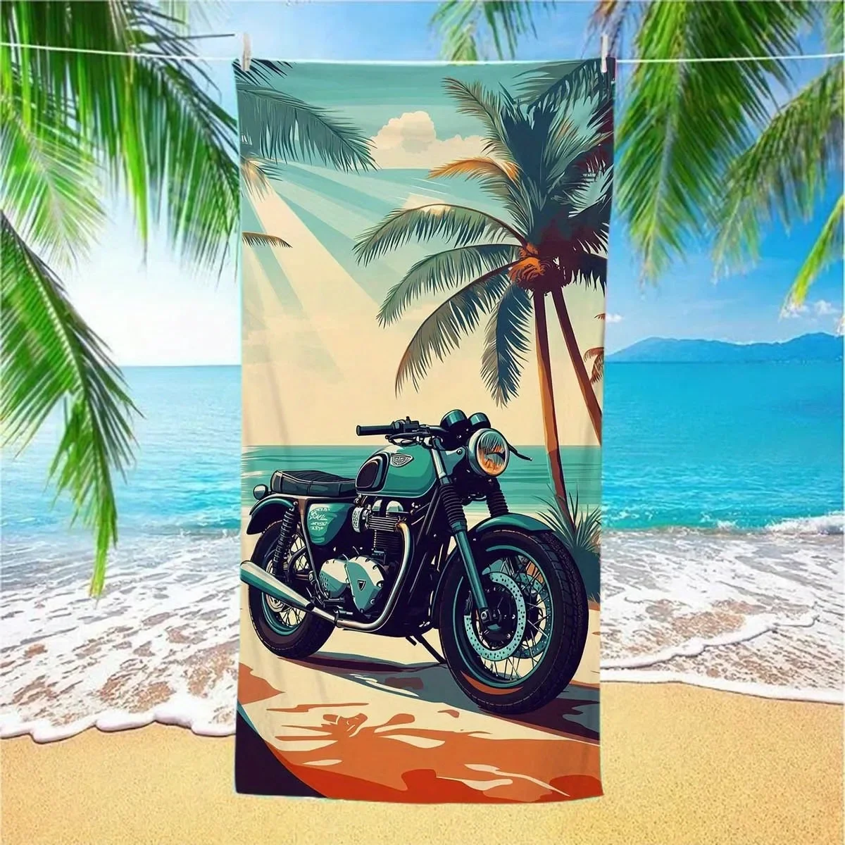Beach Towel with Vintage Motorcycle & Tropical Palm Scene: Perfect for Summer Fun! Suitable for towels, bath towels
Beach Towel with Vintage Motorcycle & Tropical Palm Scene: Perfect for Summer Fun! Suitable for towels, bath towels