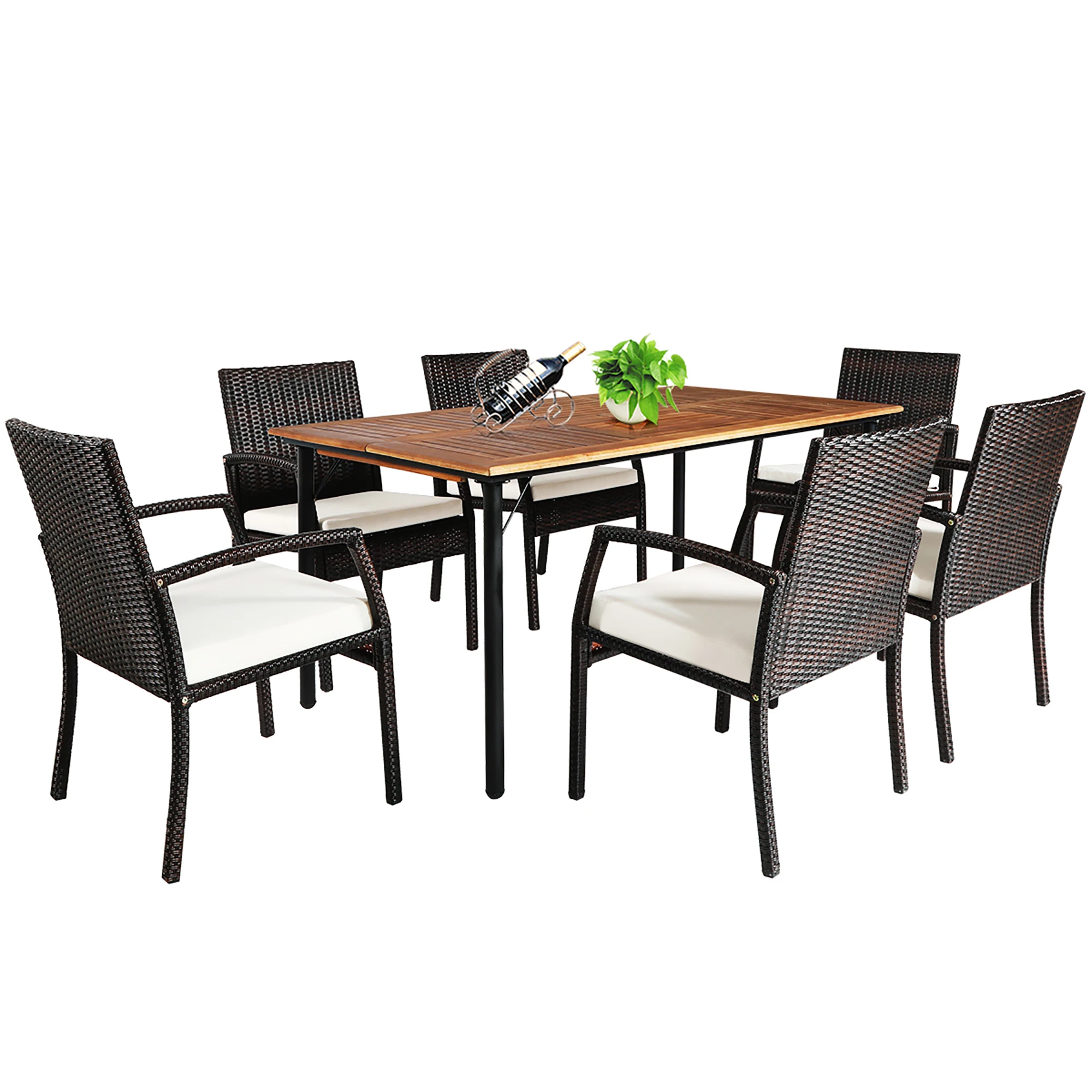 7PCS Patio Rattan Dining Set Chair Wooden Table Top W/Umbrella Hole 7PCS Patio Rattan Dining Set Chair Wooden Table Top W/Umbrella Hole