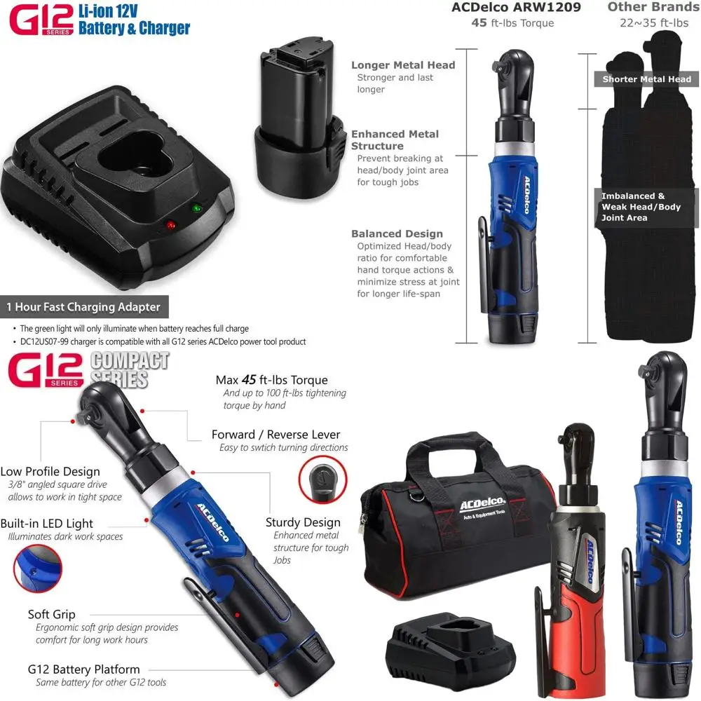 Набор трещоточных ключей 12В (1/4 и 3/8 дюйма) с литий-ионным аккумулятором, зарядным устройством и холщовой сумкой - ACDelco G12 Series
Набор трещоточных ключей 12В (1/4 и 3/8 дюйма) с литий-ионным аккумулятором, зарядным устройством и холщовой сумкой - ACDelco G12 Series