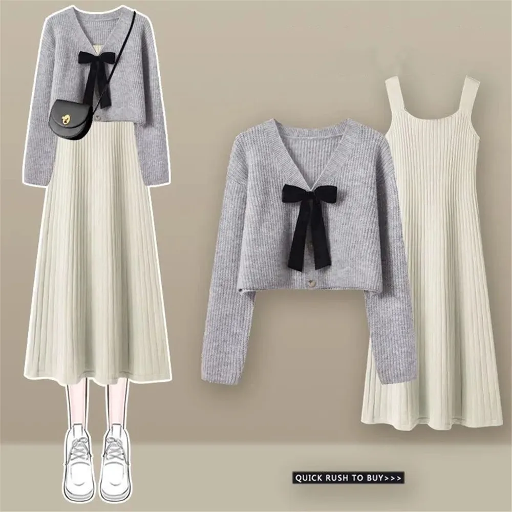 Korean Elegant Dress 1pc/2pcs Suit Chic Knit Sweater Bow Cardigan +Split Sling Skirt Autumn/Winter Women Two Piece Matching Set
Korean Elegant Dress 1pc/2pcs Suit Chic Knit Sweater Bow Cardigan +Split Sling Skirt Autumn/Winter Women Two Piece Matching Set