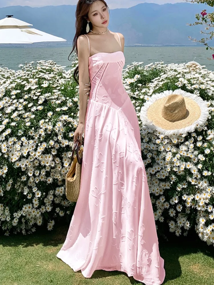 Women's Sweet Pink Long Dresses Elegant Spaghetti Strap Lace-up Princess Evening Party Dress Summer Holiday A-line Vestidos Robe
Women's Sweet Pink Long Dresses Elegant Spaghetti Strap Lace-up Princess Evening Party Dress Summer Holiday A-line Vestidos Robe