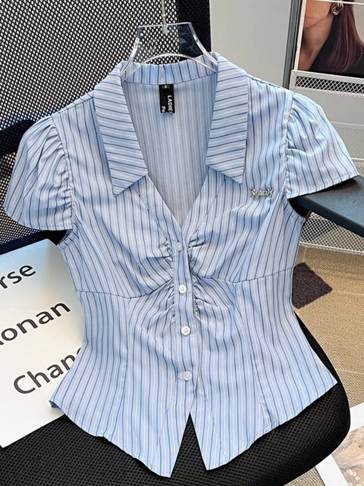 Pleated POLO Collar V-neck Blouse Slim Fit Small-waist Button Up Shirts Sweet Puff Sleeve Summer Top College Preppy Style Korean
Pleated POLO Collar V-neck Blouse Slim Fit Small-waist Button Up Shirts Sweet Puff Sleeve Summer Top College Preppy Style Korean
