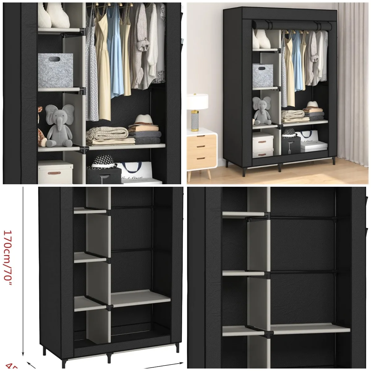 Portable Canvas Wardrobe with 6 Shelves & Hanging Rail, Black, Quick Assembly
Portable Canvas Wardrobe with 6 Shelves & Hanging Rail, Black, Quick Assembly