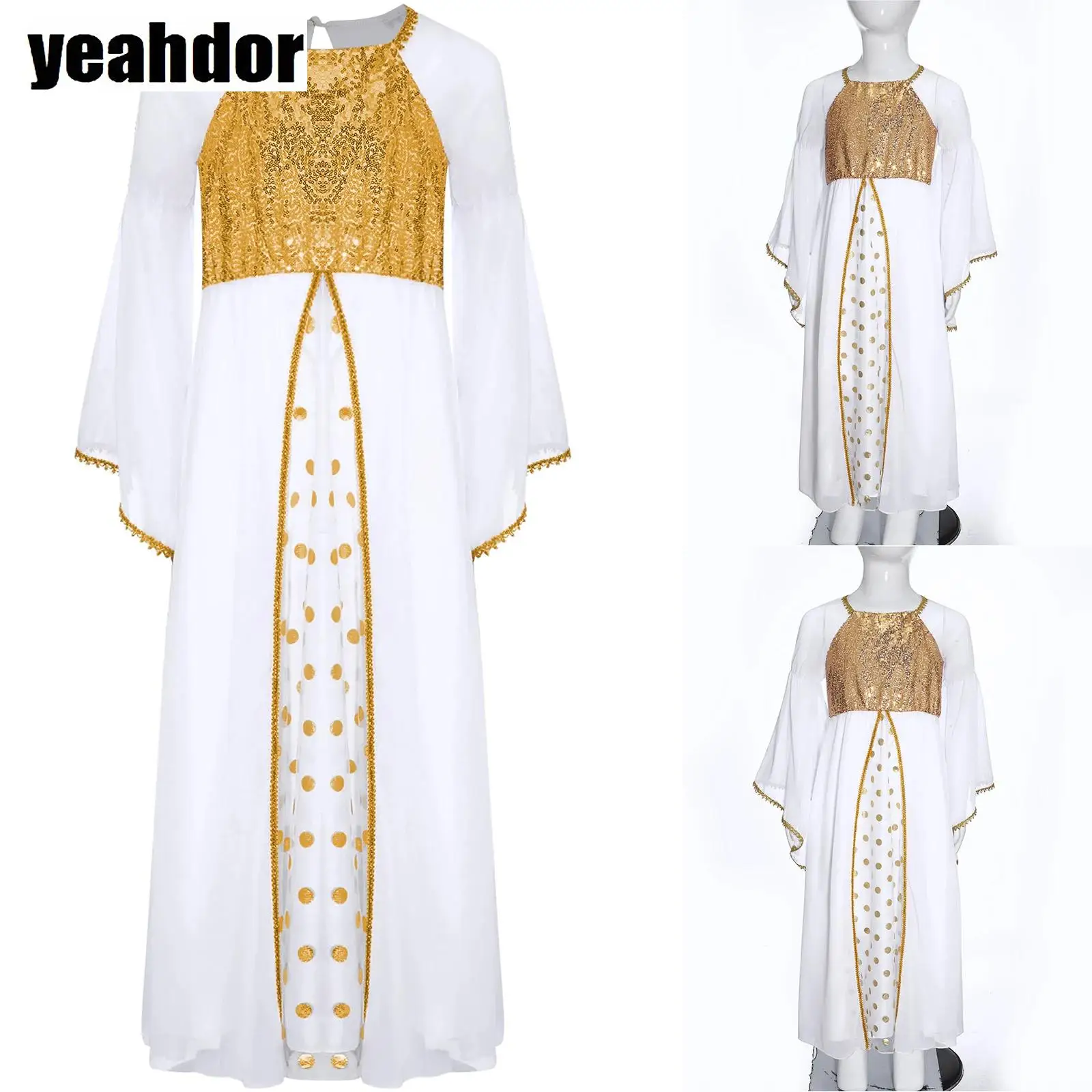 Girls Angel Cosplay Costume Sequins Gold Trim Long Princess Gown Flare Sleeve Chiffon Long Dress Church Choir Worship Toga Dress
Girls Angel Cosplay Costume Sequins Gold Trim Long Princess Gown Flare Sleeve Chiffon Long Dress Church Choir Worship Toga Dress