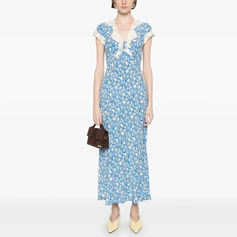 Silk Linen Vintage Blue Floral Dress Lace V Neck Short Sleeve Midi Dress For Vacation European Elegant High Quality New Sweet
Silk Linen Vintage Blue Floral Dress Lace V Neck Short Sleeve Midi Dress For Vacation European Elegant High Quality New Sweet
