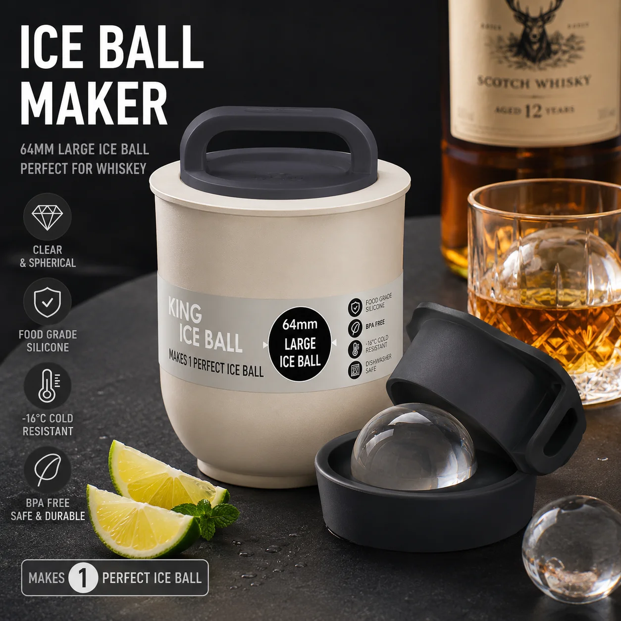 64mm Clear Ice Ball Maker Mold for Whiskey Cocktail Silicone Ice Sphere Tray BPA Free Large Round Ice Cube Mold
64mm Clear Ice Ball Maker Mold for Whiskey Cocktail Silicone Ice Sphere Tray BPA Free Large Round Ice Cube Mold