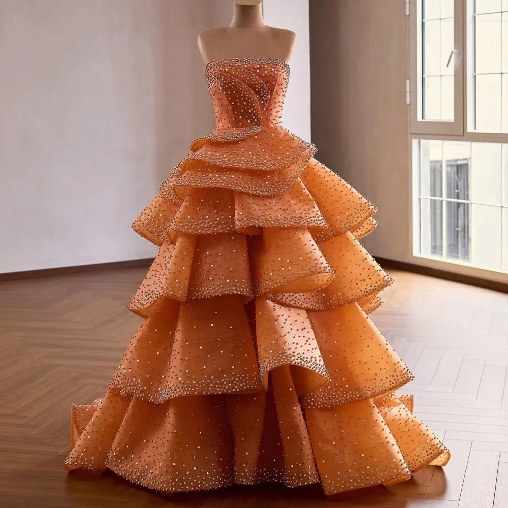 2026 Orange Customizable Evening Dress Strapless Sleeveless Sequined Tiered Beading Lace-Up Back Gown For Women
2026 Orange Customizable Evening Dress Strapless Sleeveless Sequined Tiered Beading Lace-Up Back Gown For Women