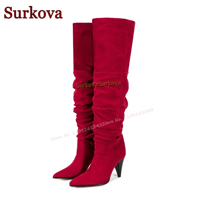Suede Tapered Heel Pleated Knee-High Boots Pointed Toe Stiletto Sleeve Winter Boots Fashionable Elegant Luxury Party Long Boots
Suede Tapered Heel Pleated Knee-High Boots Pointed Toe Stiletto Sleeve Winter Boots Fashionable Elegant Luxury Party Long Boots