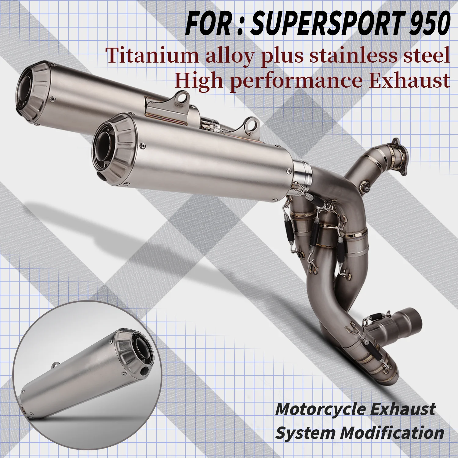Модифицированная выхлопная система для мотоцикла SuperSport950 с титановым сплавом и двойным передним выхлопным патрубком для SuperSport 950.
Модифицированная выхлопная система для мотоцикла SuperSport950 с титановым сплавом и двойным передним выхлопным патрубком для SuperSport 950.