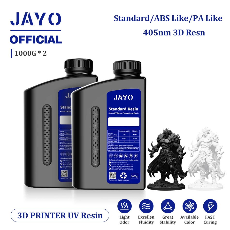 JAYO Standard/ABS-Like/Plant based /Like PAResin 2KG 395-405nm UV Curing Photopolymer Rapid Resin for LCD/DLP/SLA 3D Printer
JAYO Standard/ABS-Like/Plant based /Like PAResin 2KG 395-405nm UV Curing Photopolymer Rapid Resin for LCD/DLP/SLA 3D Printer