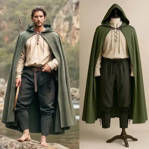 Set Medieval Renaissance Cape Outfits Fancy Costume Vikings Ranger Fancy Dress Men's Viking Halloween Carnival Performance LARP