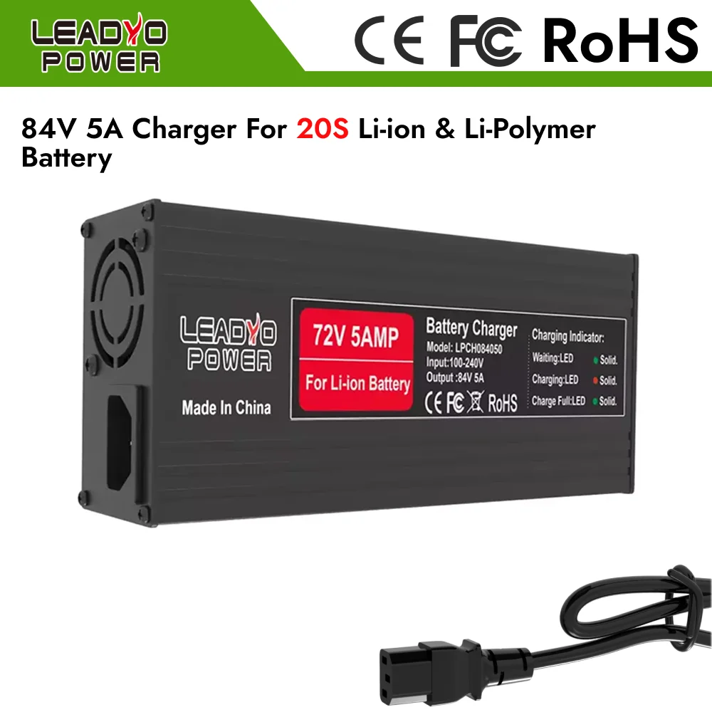 84V 5A Battery Charger 20S 72V Lithium ion battery For ebike Electric Motorcycle With IEC Charger Port
84V 5A Battery Charger 20S 72V Lithium ion battery For ebike Electric Motorcycle With IEC Charger Port