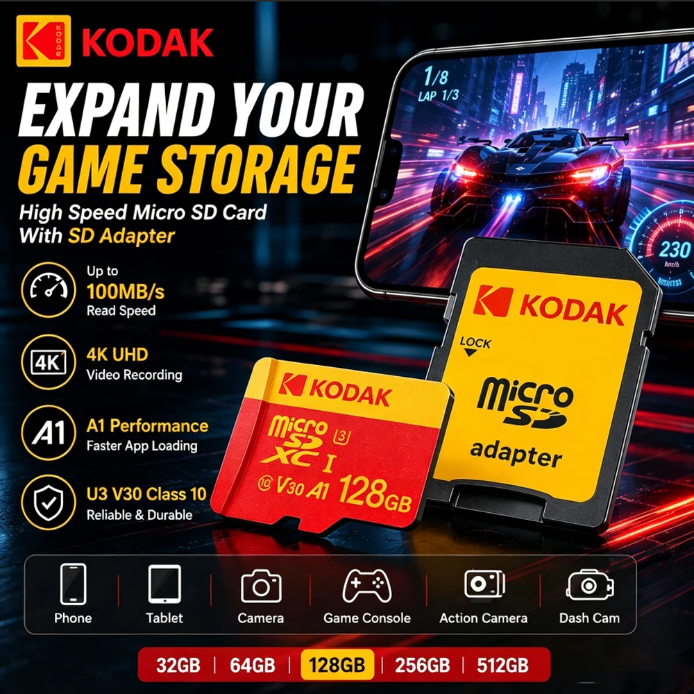 Kodak Red Dark Power 4K Micro SD Card 32 64 128 256GB U3 A1 V30 Class 10 TF Card for Gaming Camera Drone Dash Cam with SD Adapte
Kodak Red Dark Power 4K Micro SD Card 32 64 128 256GB U3 A1 V30 Class 10 TF Card for Gaming Camera Drone Dash Cam with SD Adapte