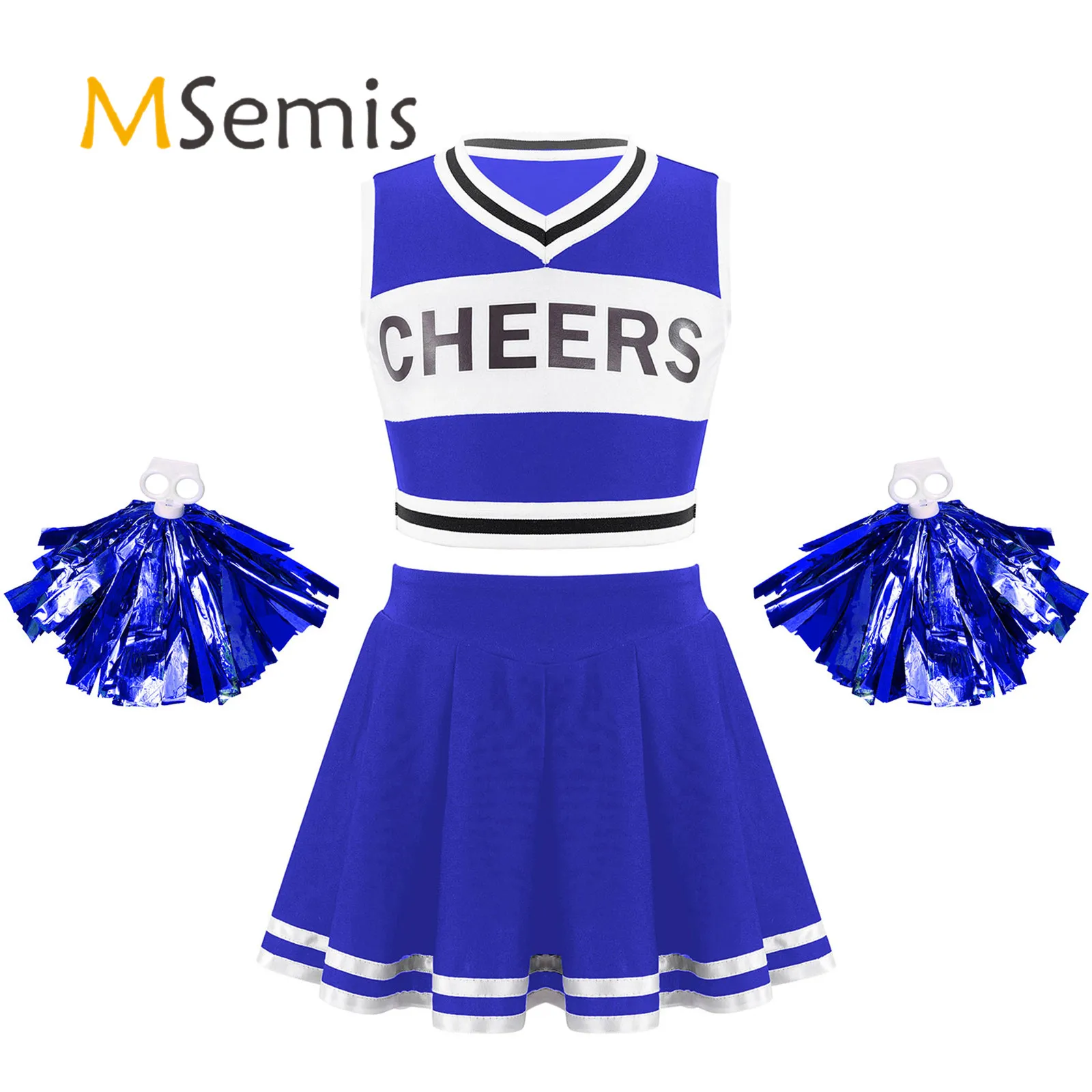 Kids Girls Cheerleading Dance Costume Sleeveless V Neck Cheers Printed Crop Top with Pleated Skirt and 1 Pair Flower Balls Set
Kids Girls Cheerleading Dance Costume Sleeveless V Neck Cheers Printed Crop Top with Pleated Skirt and 1 Pair Flower Balls Set