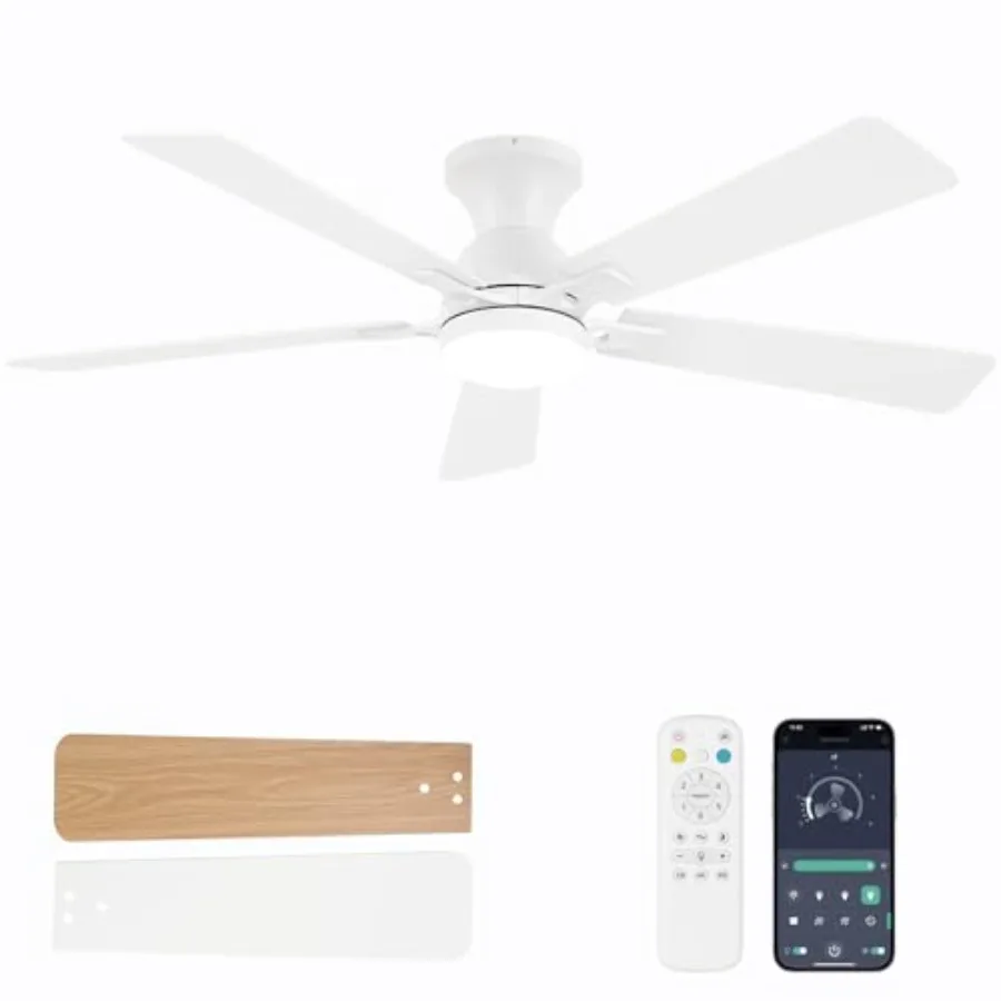 Bedroom and kitchen ceiling fan with light: 52-inch white low-profile reversible fandelier, dimmable LED, flush mount, quiet DC
Bedroom and kitchen ceiling fan with light: 52-inch white low-profile reversible fandelier, dimmable LED, flush mount, quiet DC