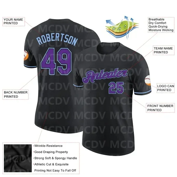 Custom Black Purple-Light Blue Performance T-Shirt 3D Printed T shirts Unisex Summer Sports Tops Tees
Custom Black Purple-Light Blue Performance T-Shirt 3D Printed T shirts Unisex Summer Sports Tops Tees