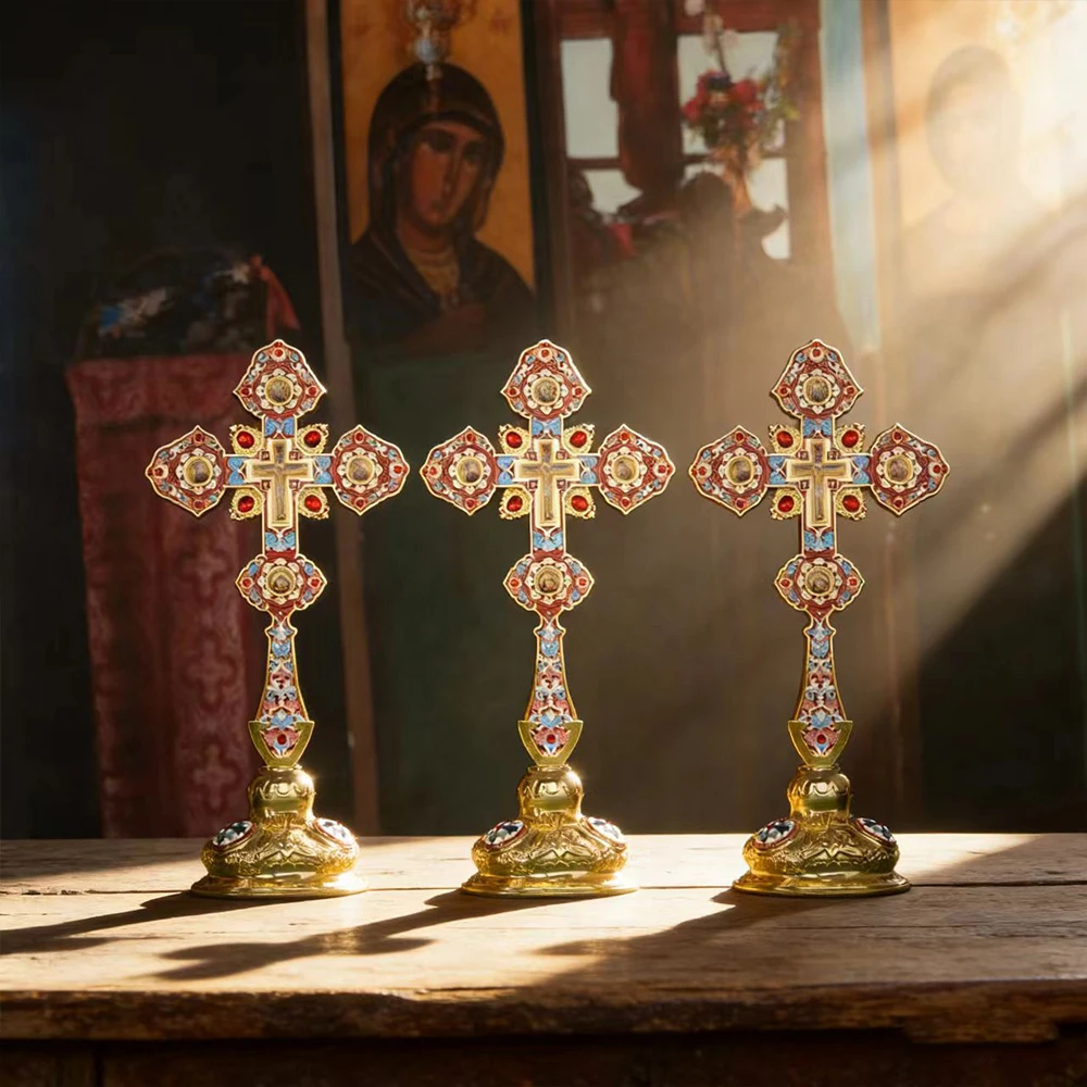 Traditional Gold-Tone Orthodox Standing Crucifix Set with Enamel Detailing and Gem Accents for Church Services and Home Prayer
Traditional Gold-Tone Orthodox Standing Crucifix Set with Enamel Detailing and Gem Accents for Church Services and Home Prayer