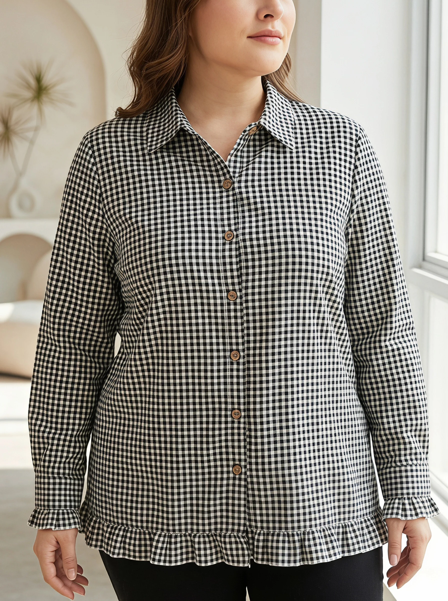 Gadinus Women Gingham Check Shirt Long Sleeve Button Down Collared Ruffle Hem Casual Loose Fit Blouse
Gadinus Women Gingham Check Shirt Long Sleeve Button Down Collared Ruffle Hem Casual Loose Fit Blouse