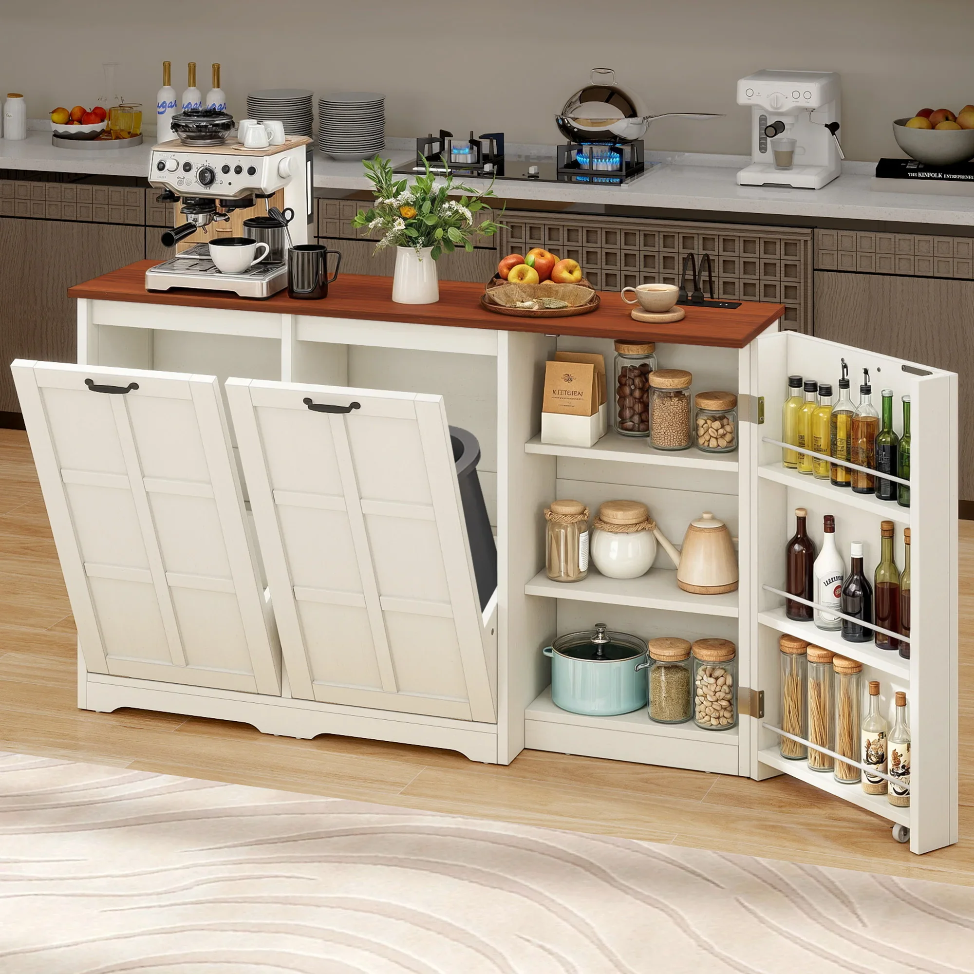Free Standing 13 Gallon Wooden Recycling Cabinet with Outlet/Adjustable Shelves, Kitchen Island with Hidden Trash Can Storage
Free Standing 13 Gallon Wooden Recycling Cabinet with Outlet/Adjustable Shelves, Kitchen Island with Hidden Trash Can Storage