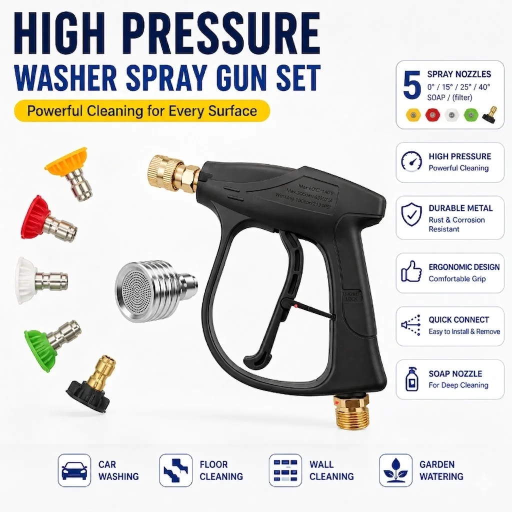 Portable High Pressure Spray Gun 300Bar 4350PSI, 6 Spray Nozzles, 1/4" Quick Connect & M22-14 Connector for Car Cleaning
Portable High Pressure Spray Gun 300Bar 4350PSI, 6 Spray Nozzles, 1/4" Quick Connect & M22-14 Connector for Car Cleaning