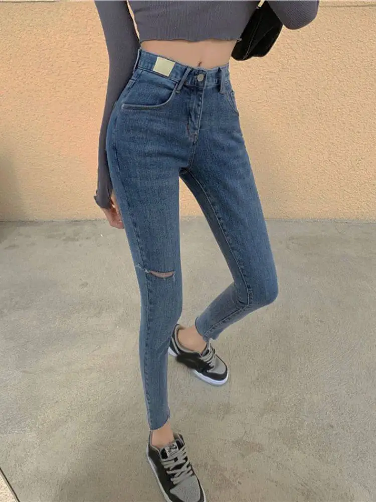 Blue High Waist Slim Fit Denim Jeans Women's Spring 2026 New Style Fashionable Hole Design Elastic Ankle Length Pants
Blue High Waist Slim Fit Denim Jeans Women's Spring 2026 New Style Fashionable Hole Design Elastic Ankle Length Pants