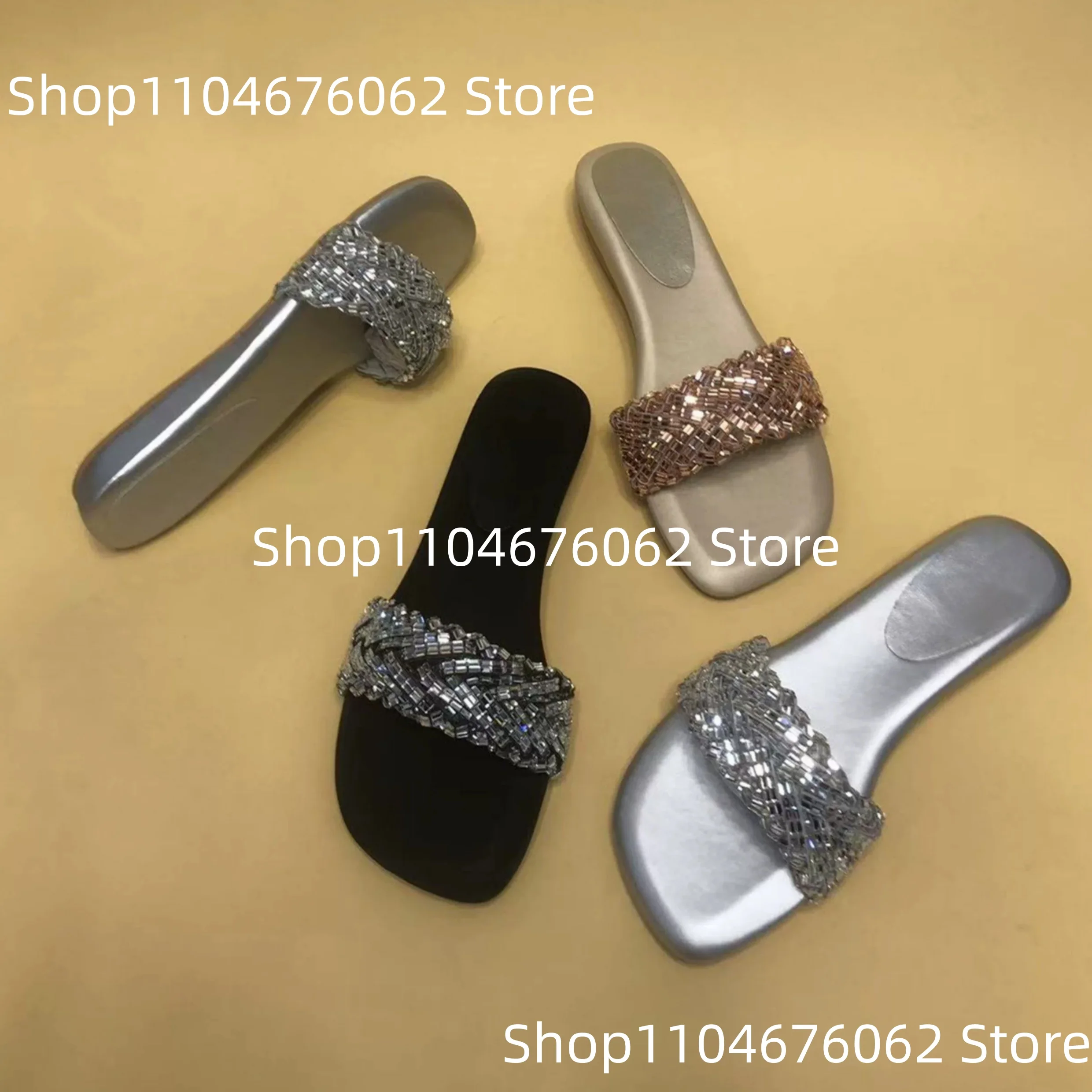 Women's Black Silver Rhinestone Braided Square Toe Flat Slide Sandals Elegant Slip-On Design Casual Ladies Beach Street Slippers
Women's Black Silver Rhinestone Braided Square Toe Flat Slide Sandals Elegant Slip-On Design Casual Ladies Beach Street Slippers
