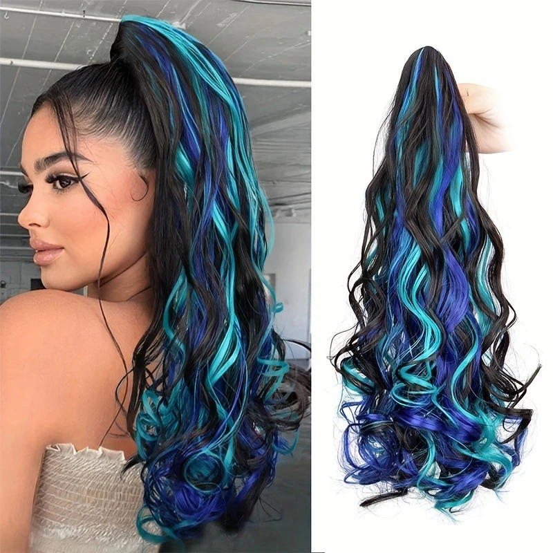 Highlighted high-temperature synthetic wig, large wavy with clip-on long curly hair ponytail
Highlighted high-temperature synthetic wig, large wavy with clip-on long curly hair ponytail