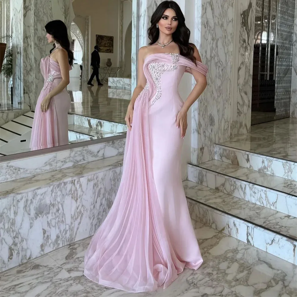 Customized Pleated One Shoulder Evening Dresses Beaded Pink Formal Gown with Overskirt Satin Trumpet Wedding Guest Outfits
Customized Pleated One Shoulder Evening Dresses Beaded Pink Formal Gown with Overskirt Satin Trumpet Wedding Guest Outfits